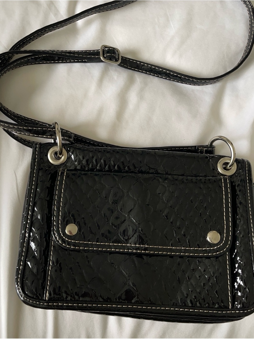 new directions Black Patent Crossbody with Front Pocket